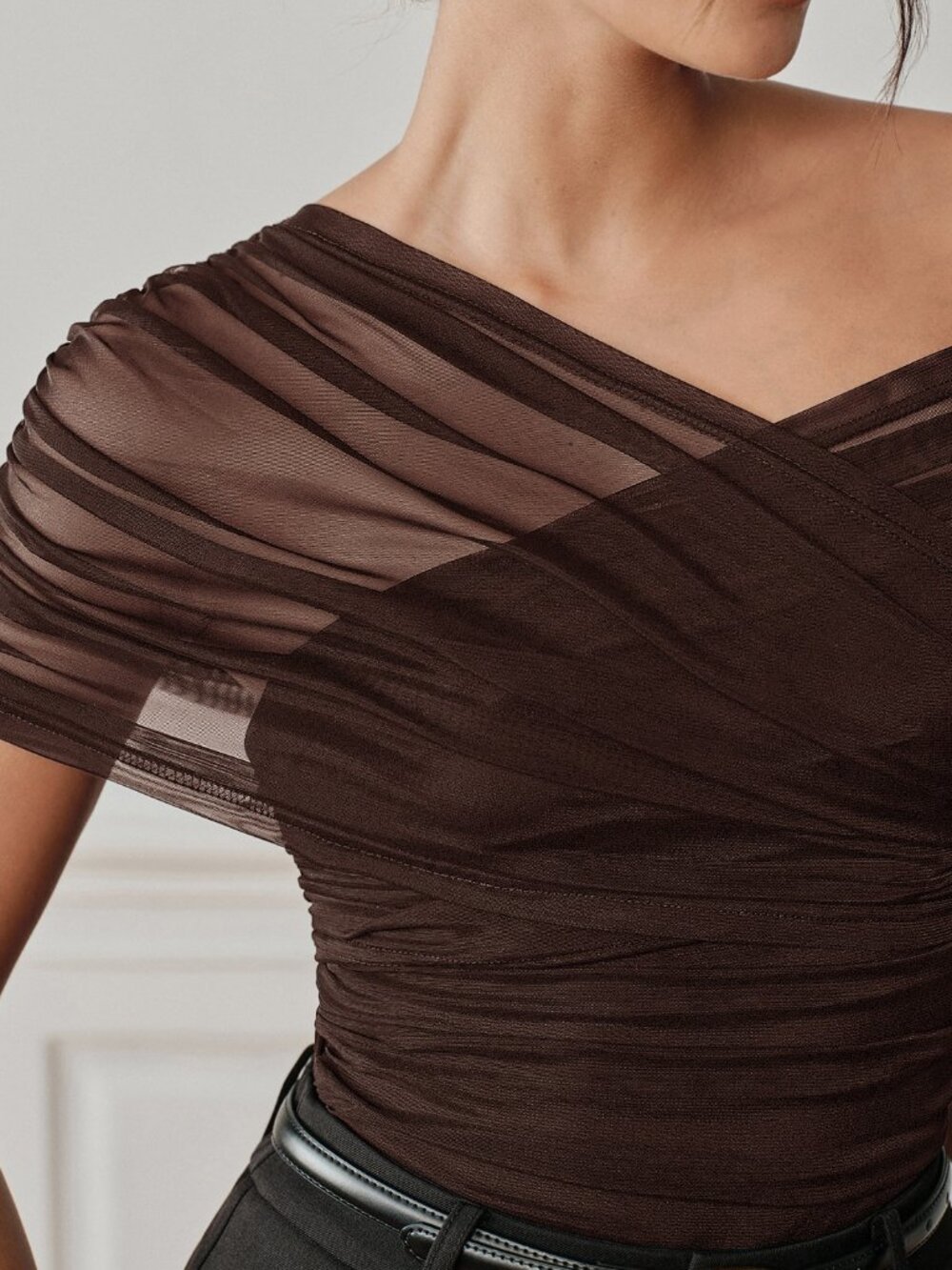Coffee Brown Elegant Women's Asymmetrical Off-Shoulder Bodysuit - Picture 3 of 10